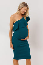 LaClef Women's Maternity Ruffled One Shoulder Side Ruching Dress (Teal, Small)
