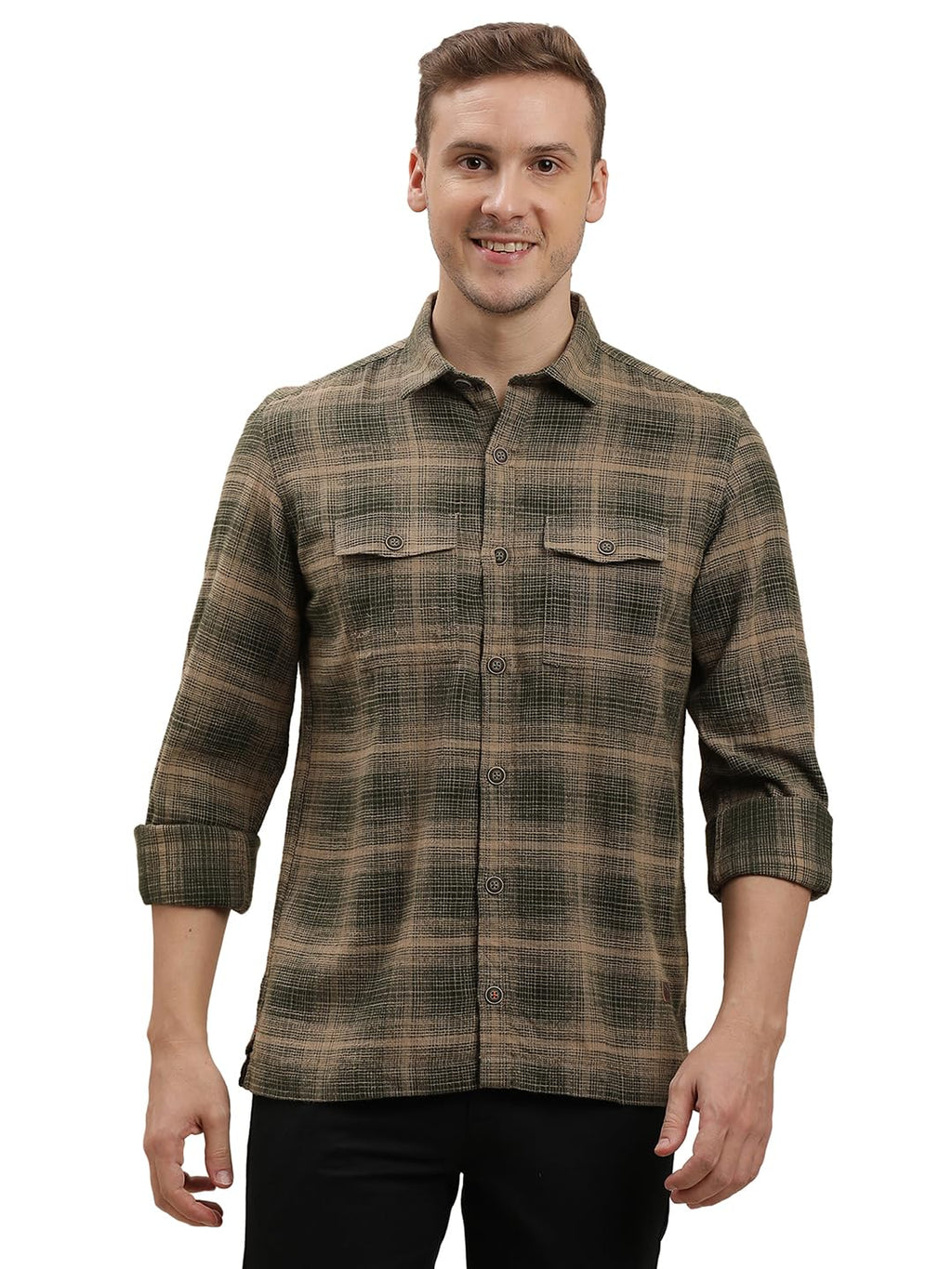 Turtle Men 100% Cotton Checkered Brown Casual Oversize Shirt