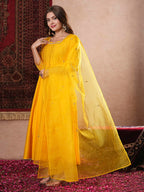 ANNI DESIGNER Women s Regular Rayon Blend Floral Kurta with Pants and Dupatta, Yellow, 40