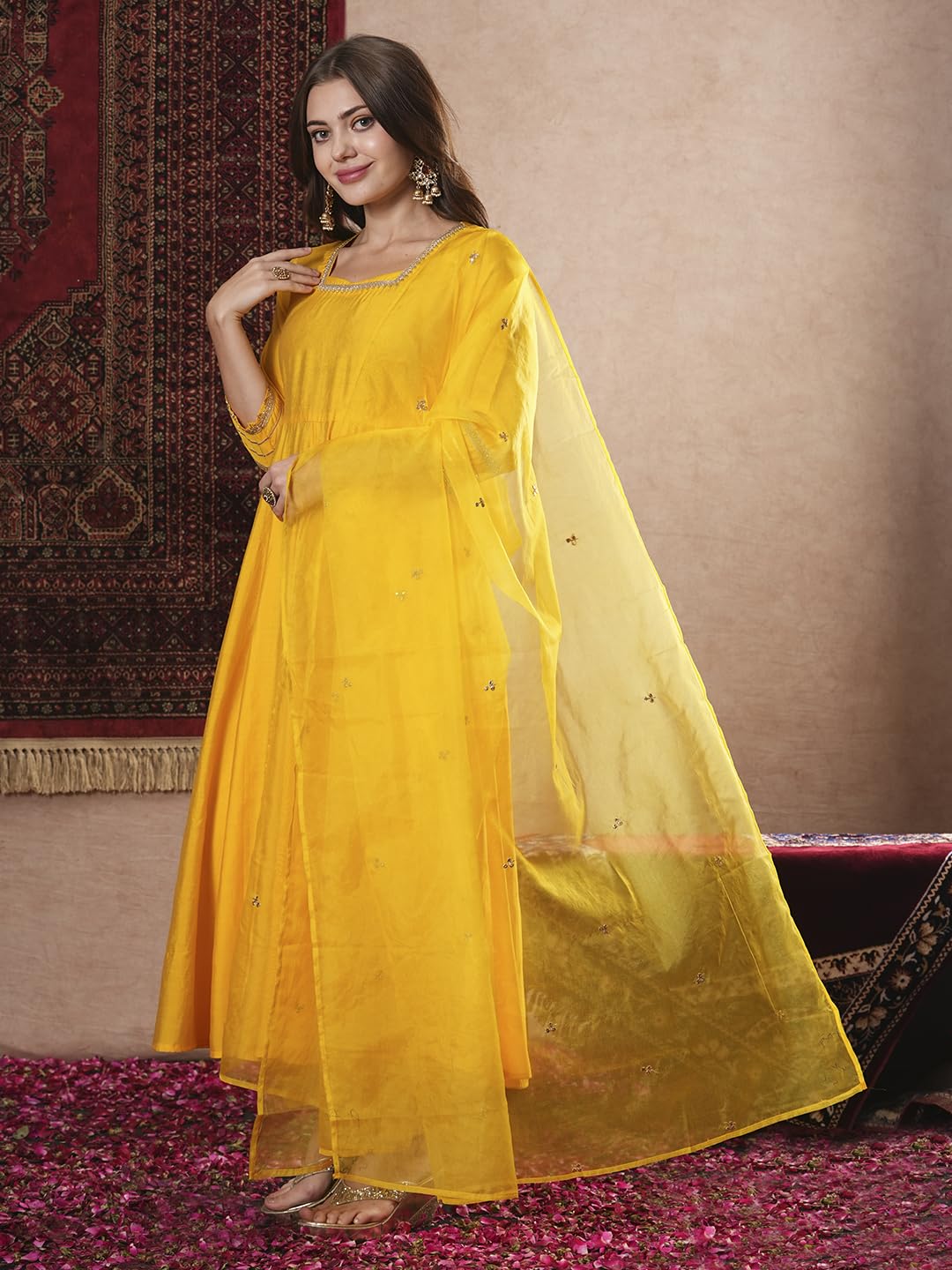 ANNI DESIGNER Women s Regular Rayon Blend Floral Kurta with Pants and Dupatta, Yellow, 40