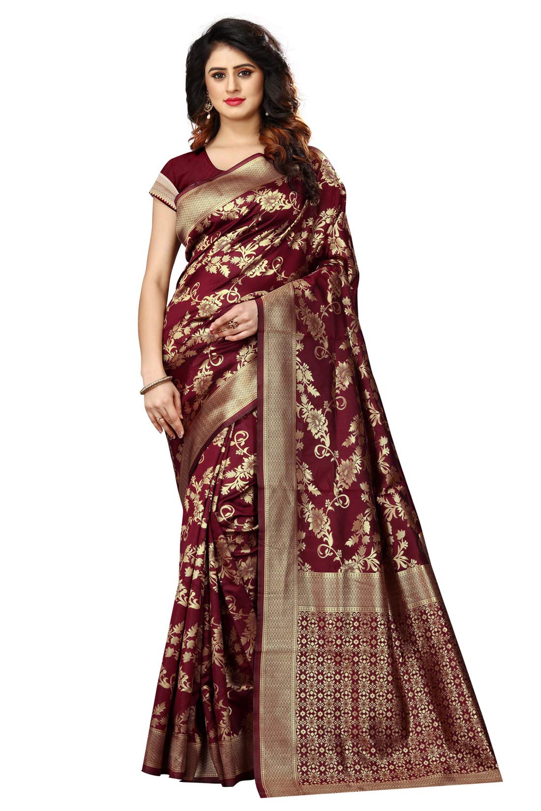 Shasmi Maroon and Golden Silk Blend Banaras Jacquard Woven Designing Saree for Women (San Pari 37