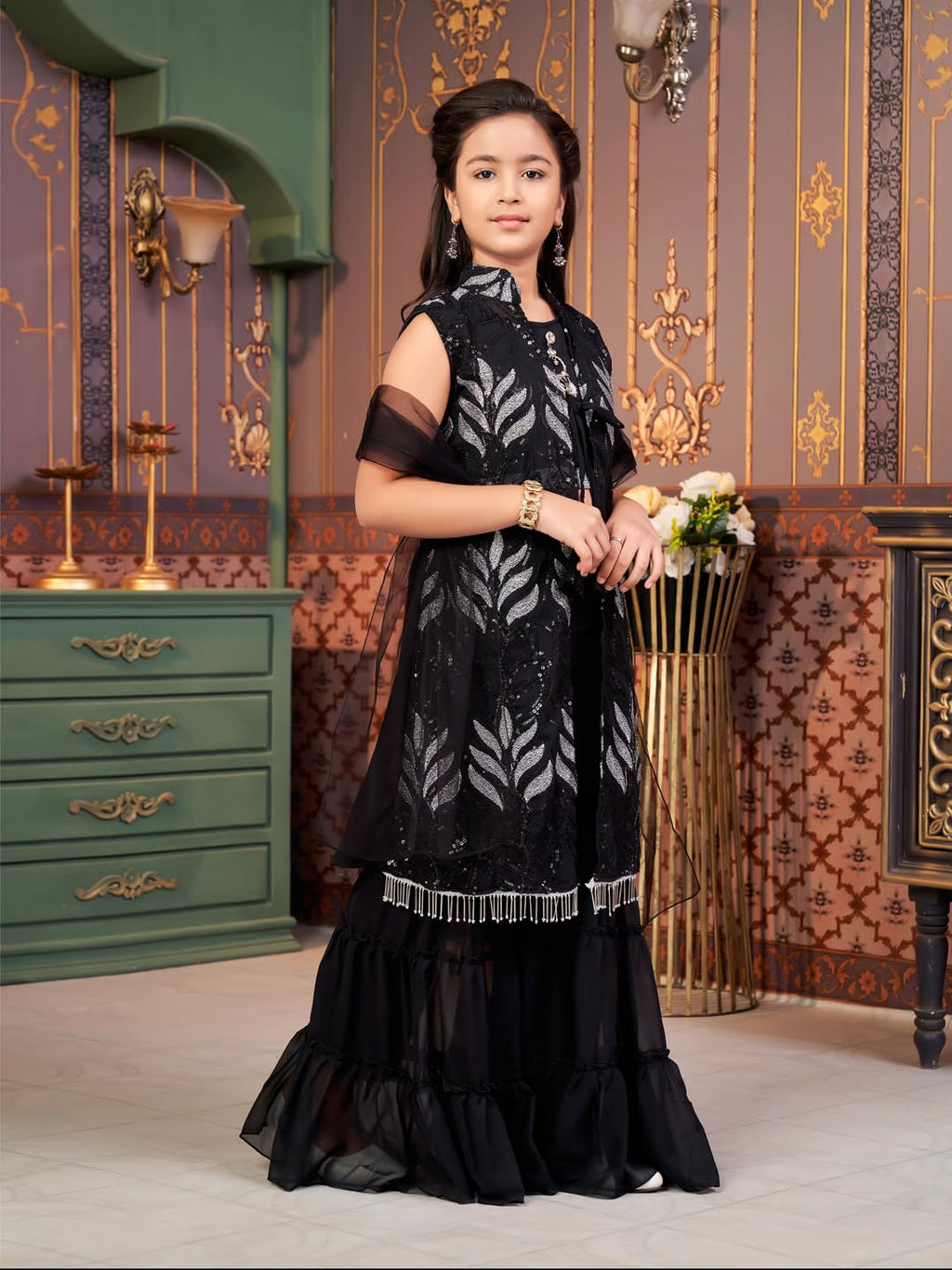 Aarika Girls Ethnic Wear Black Colour Sequin Thread Embroidery Georgette Kurti Sharara Set With Shrug (4-15 Years)