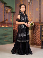Aarika Girls Ethnic Wear Black Colour Sequin Thread Embroidery Georgette Kurti Sharara Set With Shrug (4-15 Years)