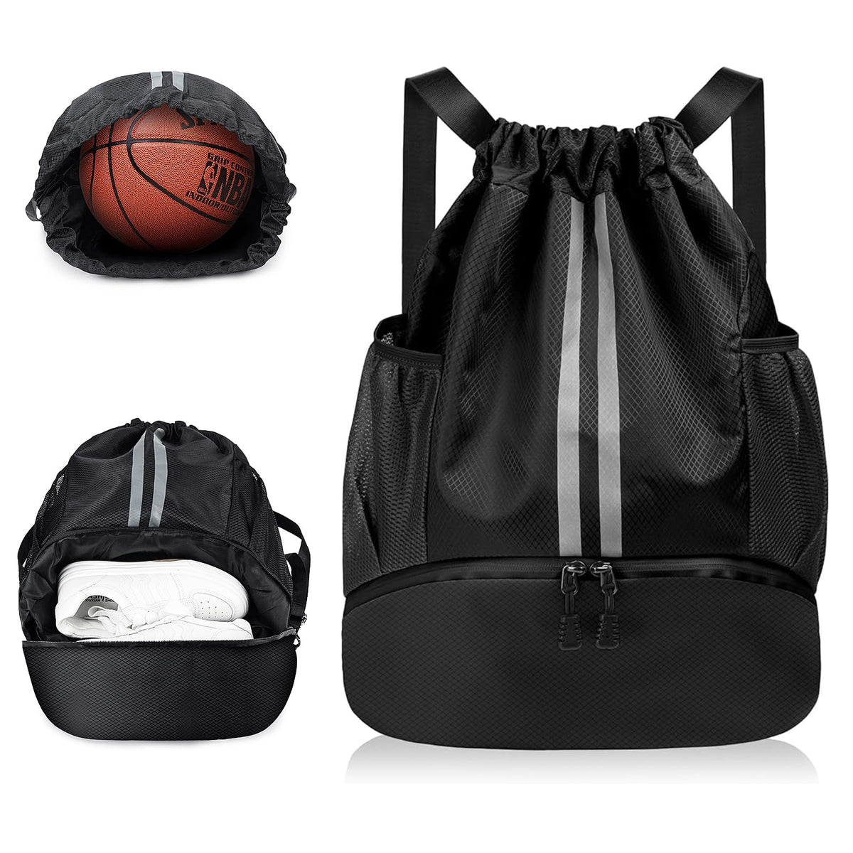 Flintronic Sports Drawstring Bag, Waterproof Foldable Drawstring Backpack With Shoe Compartment And Mesh Water Bottle Pockets Fo 30-224