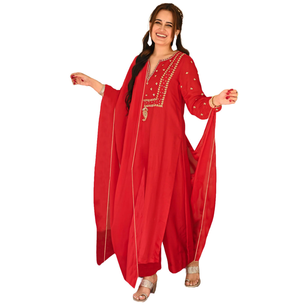 ANNI DESIGNER Womens Rayon Blend Straight Embroidered Kurta with Pant & Dupatta (SIMMU RED_M_Red_Medium)