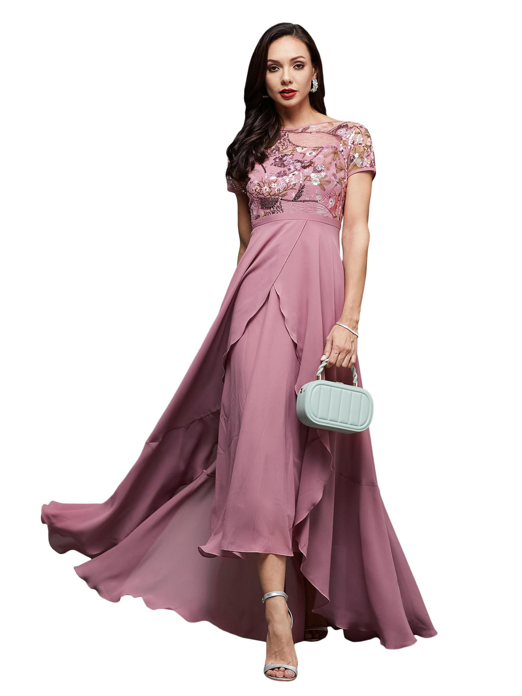 Miss Chase WomenS Round Neck Short Sleeve Floral Layered Georgette Midi Dress (Mcss23D13-78-309-06, Multicolored-Base-Dusty Lav
