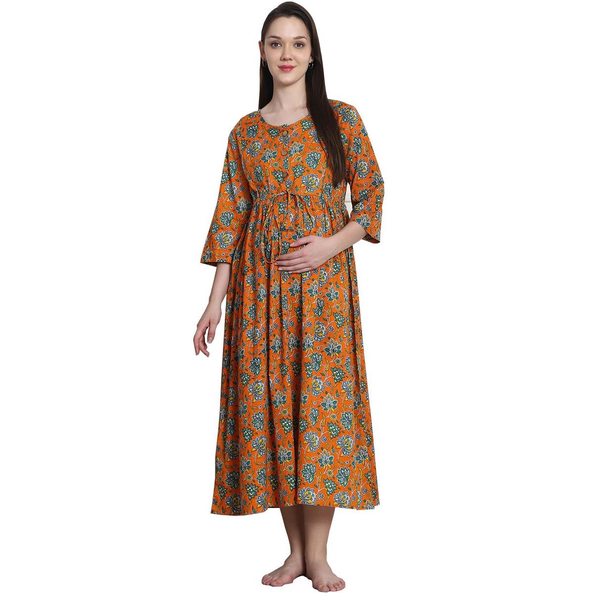 Secret Wish Floral Print Orange Cotton Maternity Nightdress/Feeding/Nursing/Zipper/Slip On/Printed/Calf Length 2