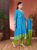 Aarika Girls Ethnic Wear Blue Colour Foil Print Mirror Embroidery Rayon Kurti (9-16 Years)
