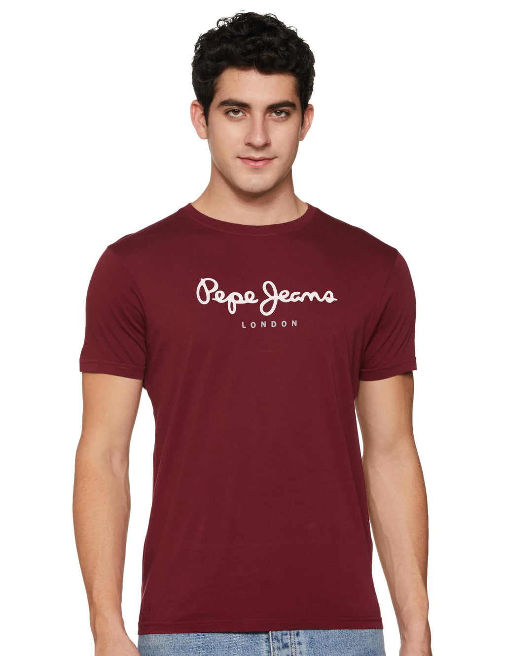 Pepe Jeans Men Cotton Slim Fit T-Shirt (Pm509171_Burgundy Red, Small)