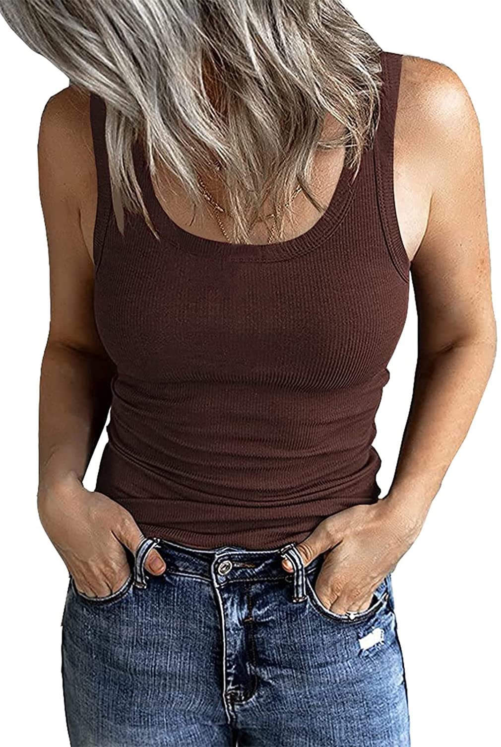 GEMBERA Womens Sleeveless Scoop Neck Ribbed Tank Tops Fitted Basic Cami Tee Shirts, Brown, Large