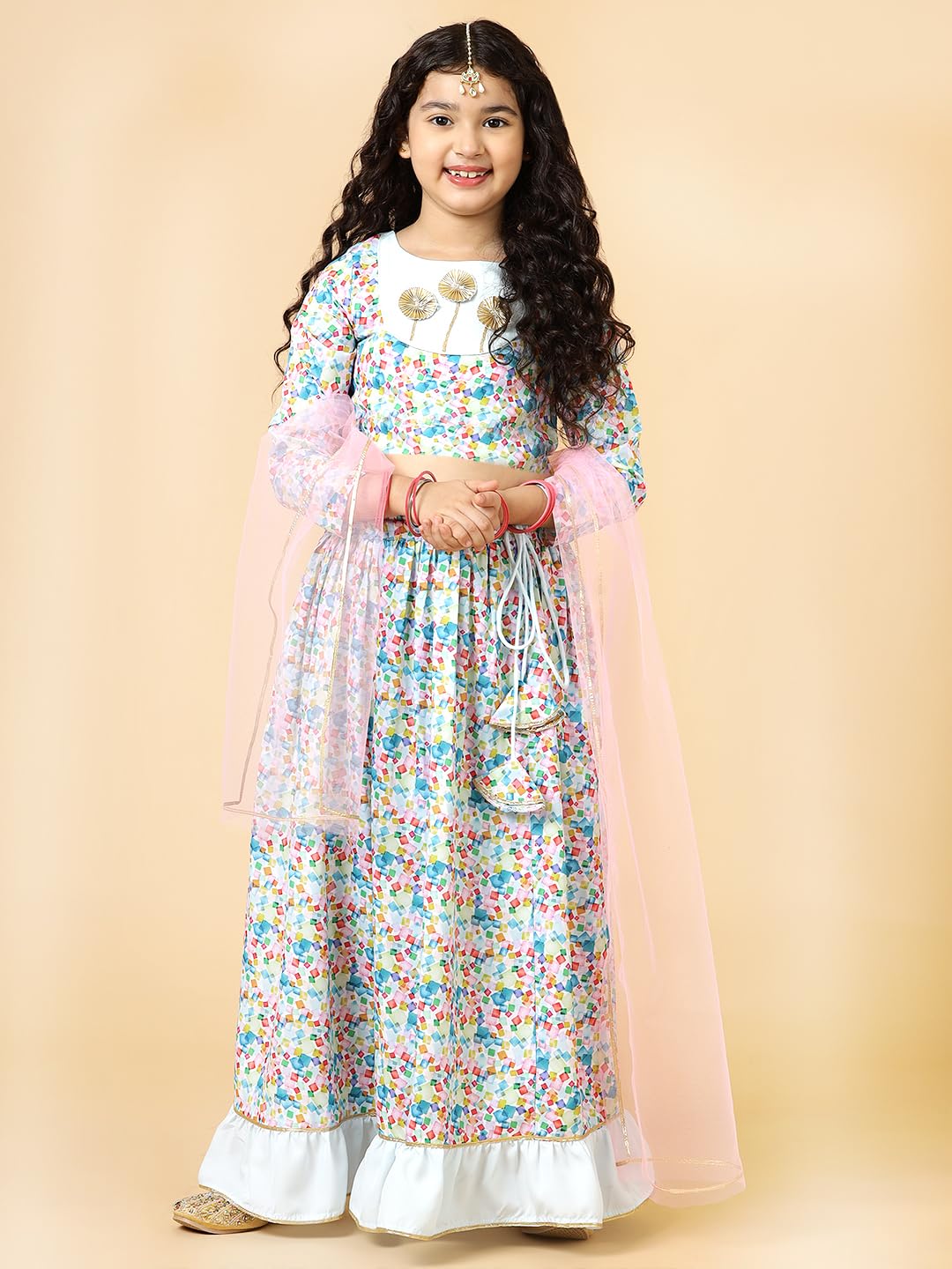 A.T.U.N. (All Things Uber Nice) Girls Blue Cube Printed Lehenga Set