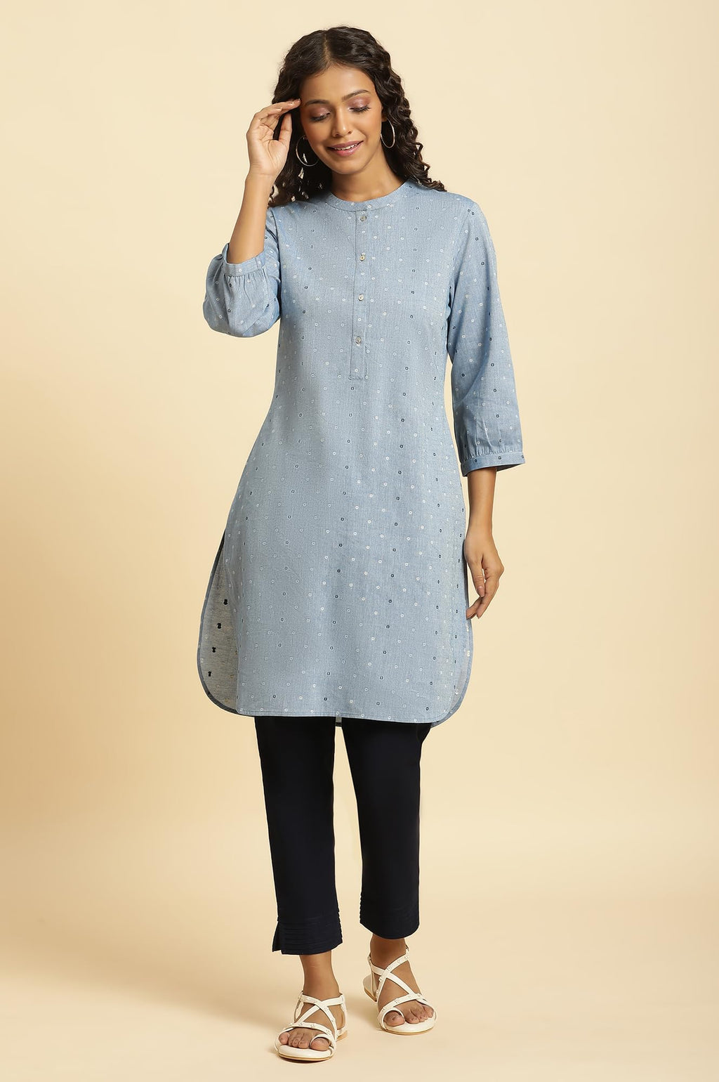 W Blue Cotton Polka Dot Straight Long Kurta For Women