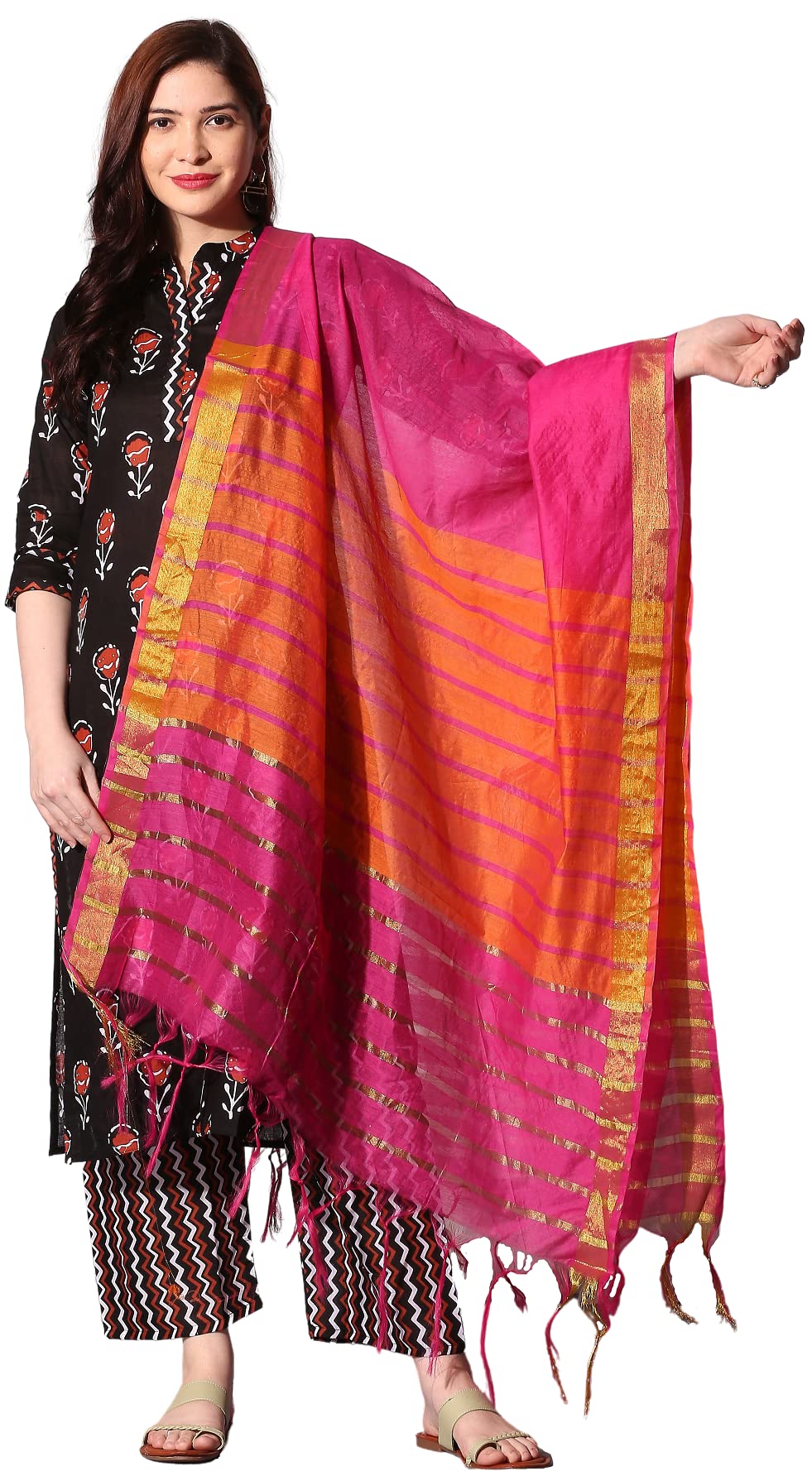ANNI DESIGNER Womens Pure Cotton Straight Kurta with Palazzo & Dupatta (KPZD-COT-10002-BLACK_XXL_Black_XX-Large)