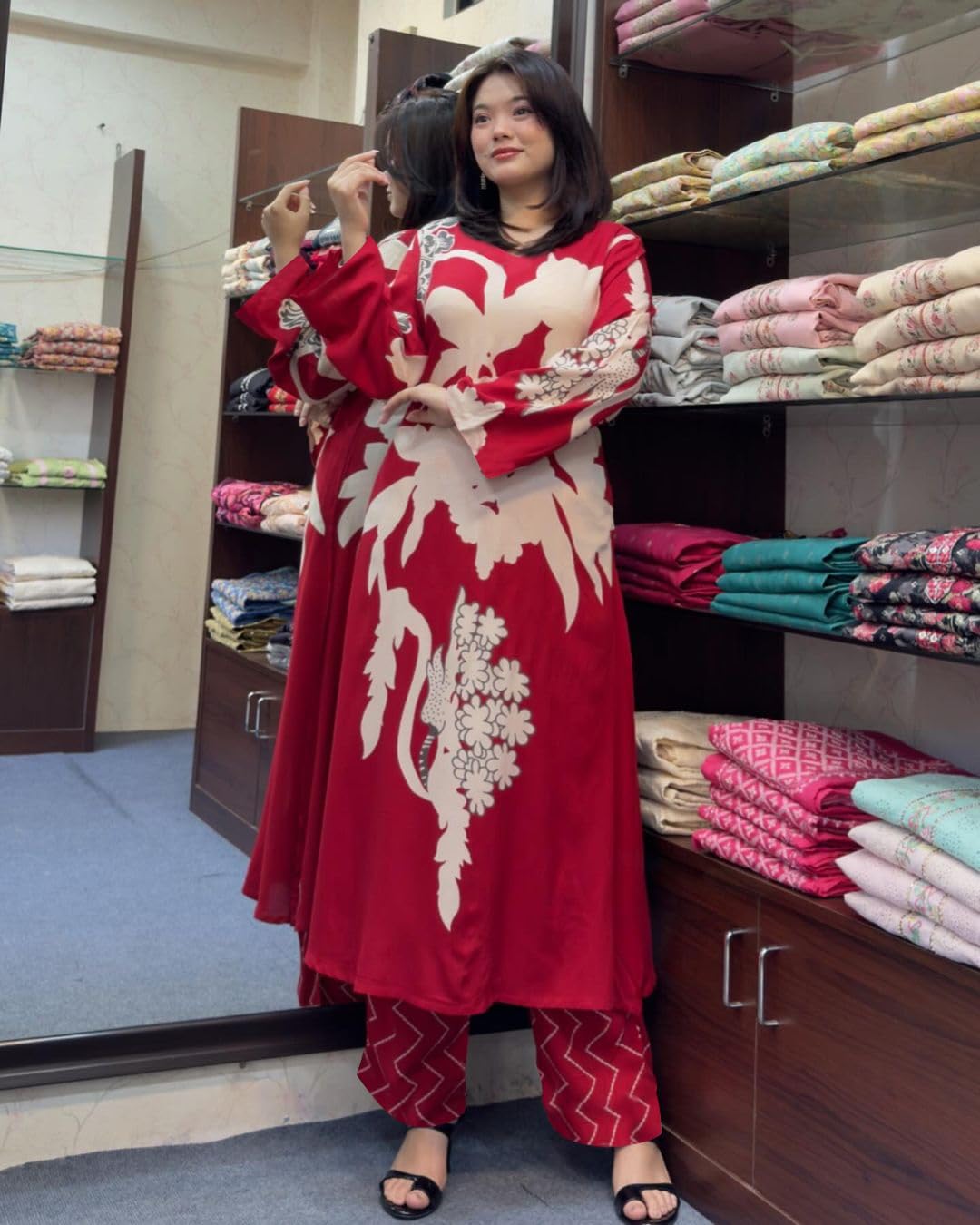 ANNI DESIGNER Women s Rayon Kurta with Palazzo, Red, 44
