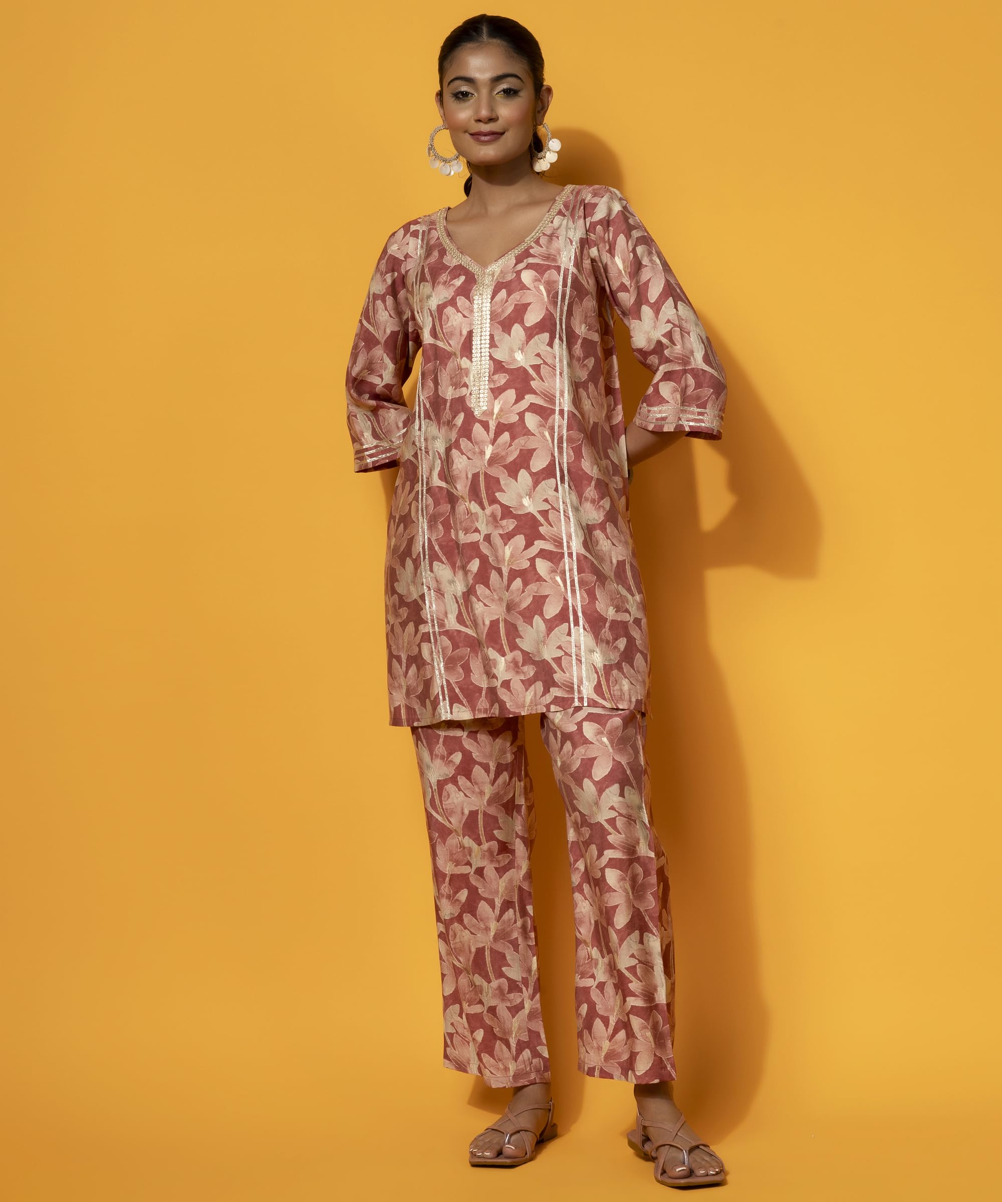Libas Womens Printed Silk Blend Co-Ord Set For Women Rust