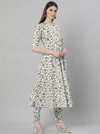 Libas White Printed Cotton Anarkali Kurta With Churidar & Dupatta