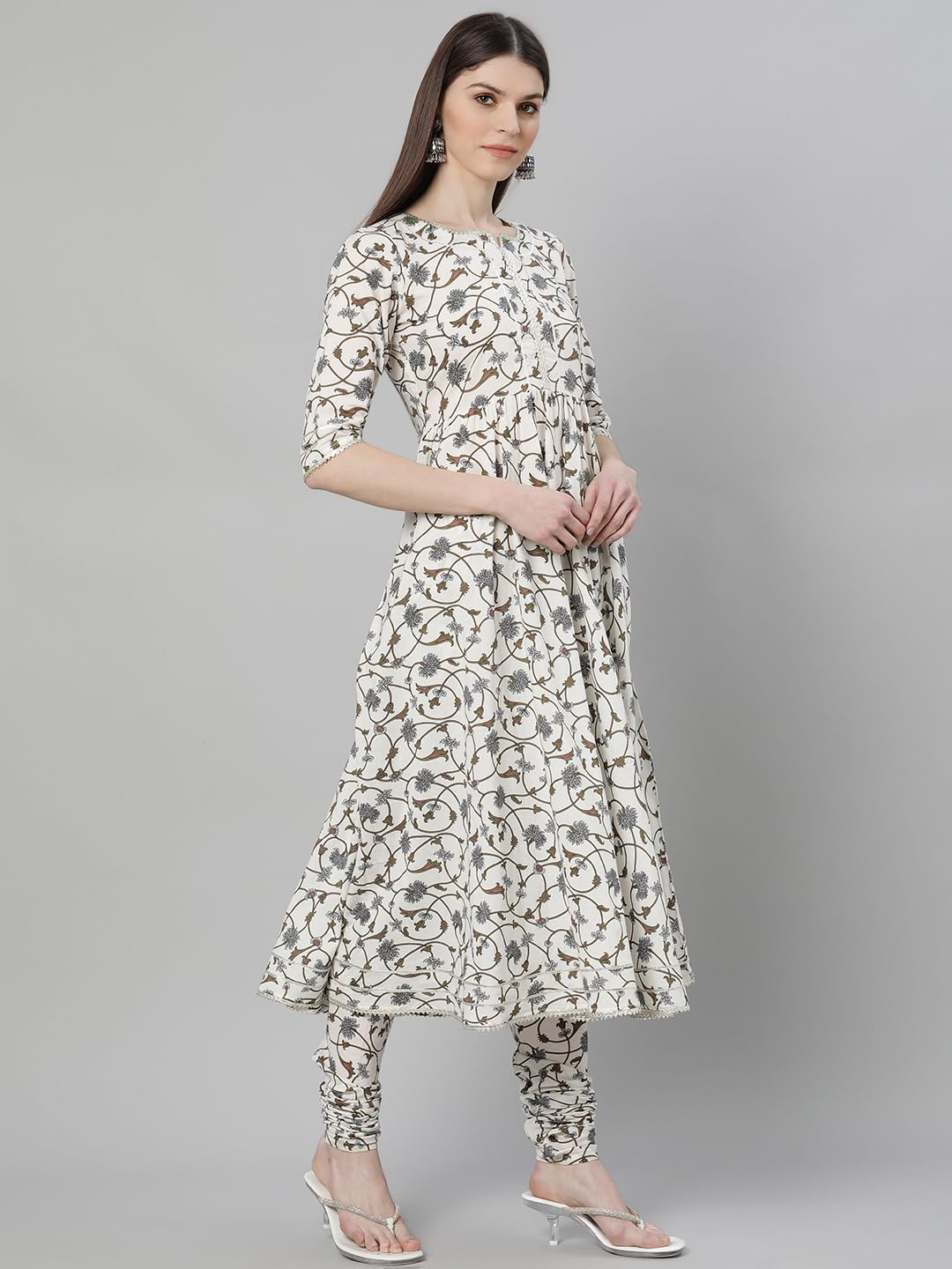 Libas White Printed Cotton Anarkali Kurta With Churidar & Dupatta