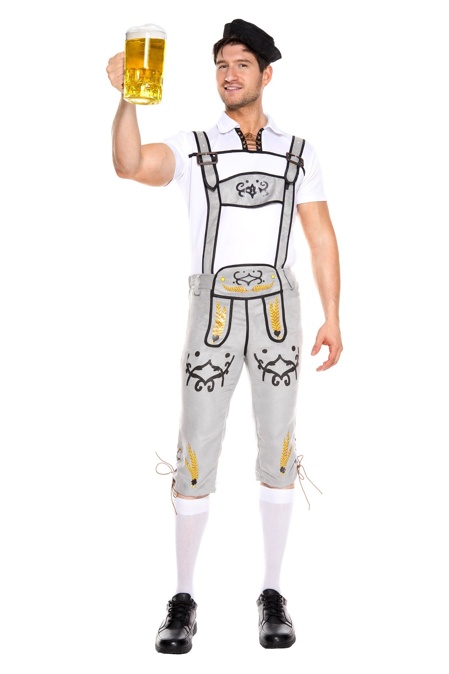 Music Legs 76621-GREY-L 3 Piece Lace Up Collared Shirt & Alpine Region Printed Trousers with H-Shaped Suspenders with Hat  Grey 