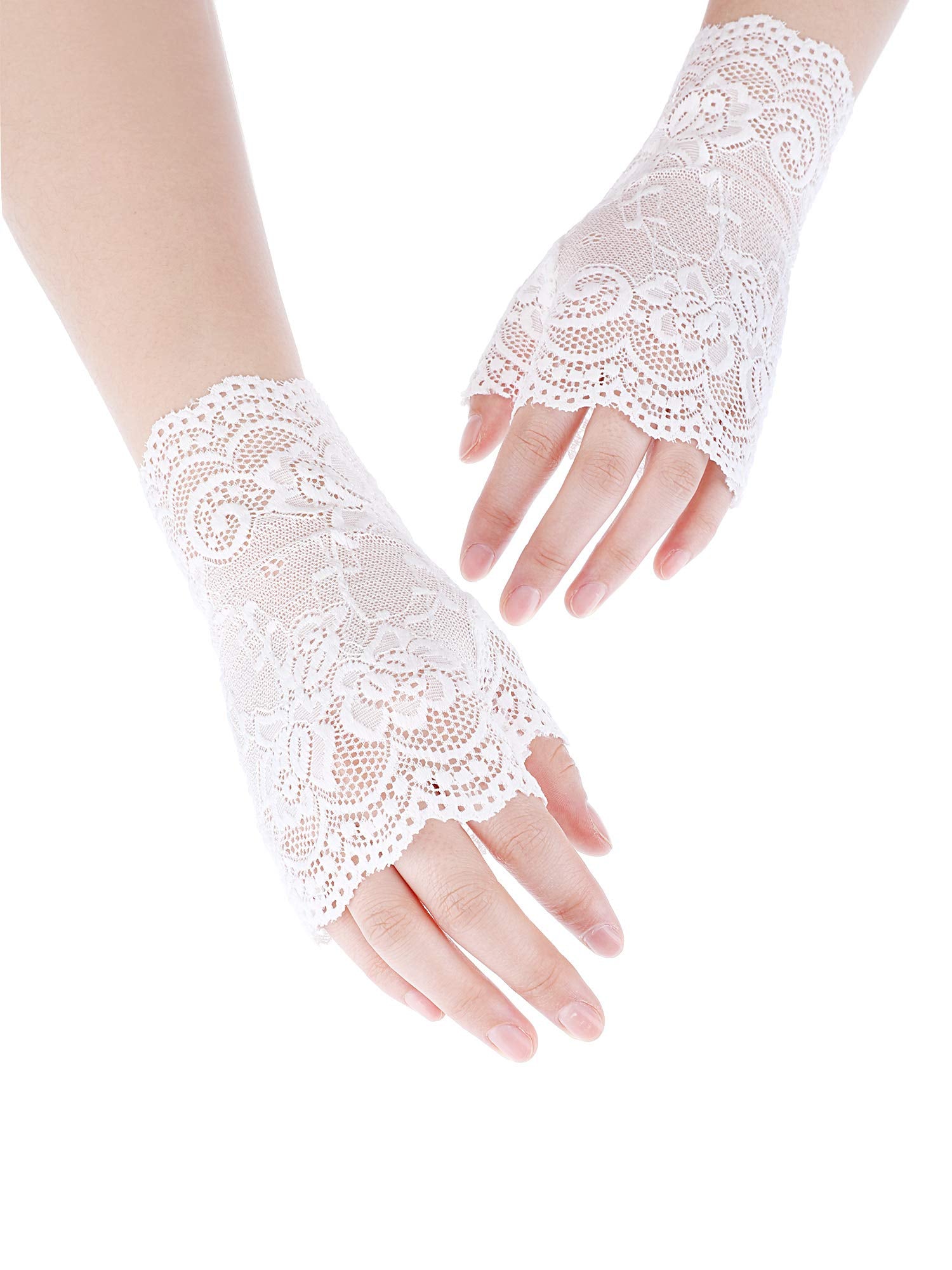 3 Pairs Lace Gloves Women Short Fingerless Floral Gloves Flower for Bridal Wedding Halloween(Black, White, Skin Color)