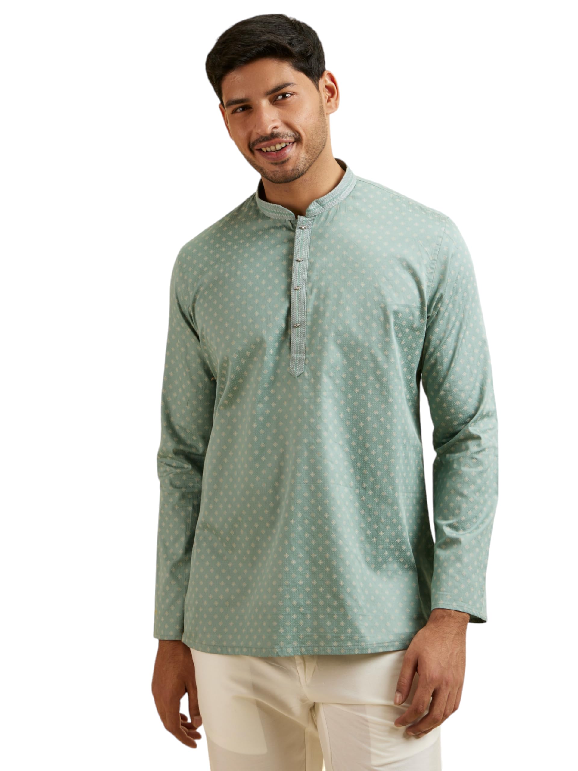 Manyavar MenS Cotton Digital Print|Embroidered Short Kurta (Green,Xl)