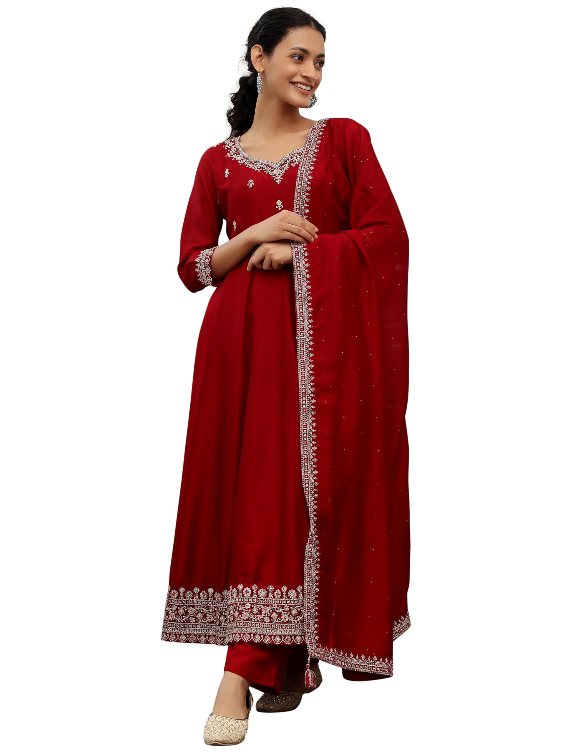 Libas Maroon Floral Zari Embroidered Anarkali Kurta With Solid Trouser And Self Design Dupatta