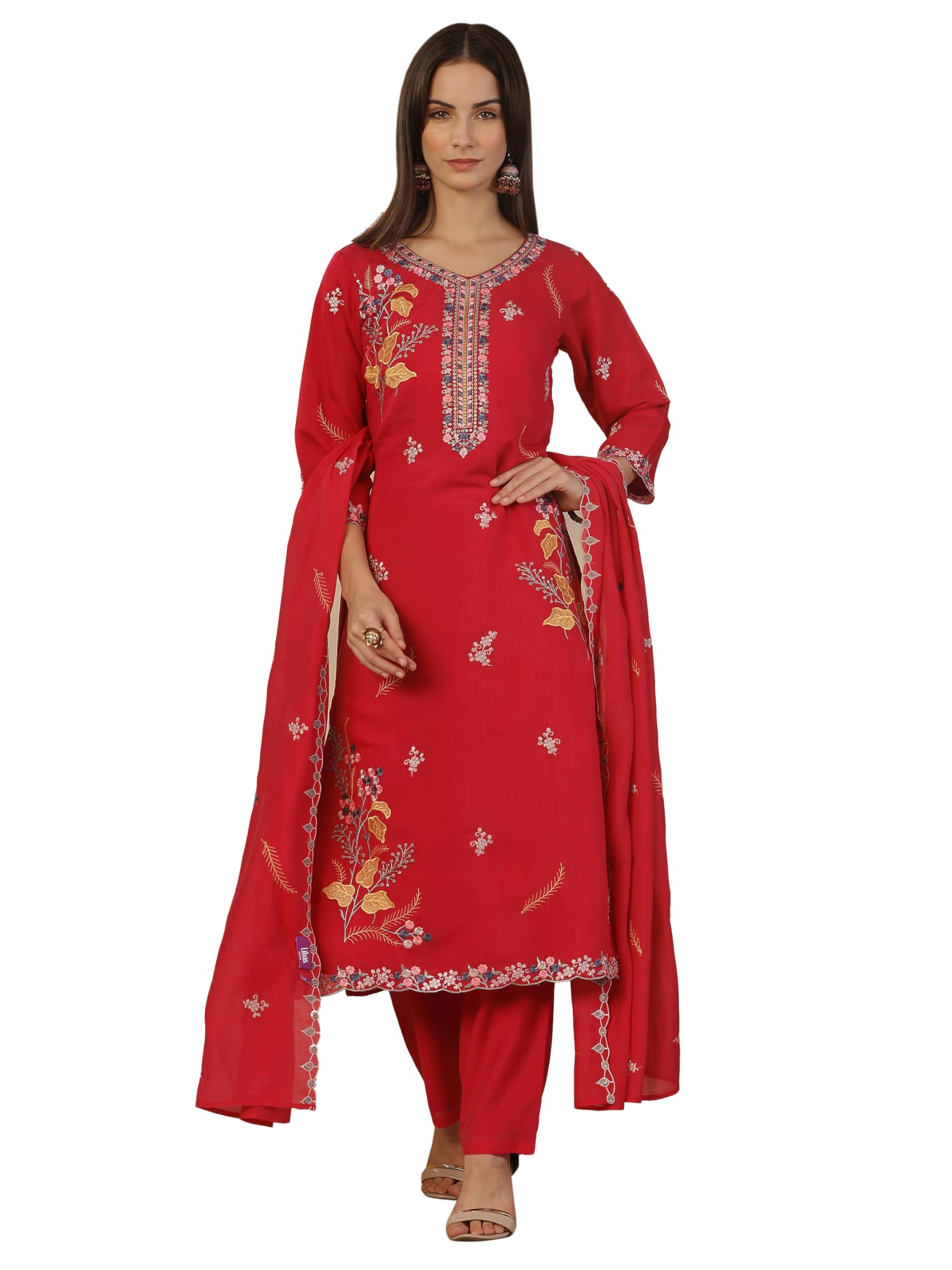 Libas Embroidered Chanderi cotton Straight Kurta With Trouser and Dupatta (401313XXL)