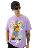 The Souled Store Official Garfield: Cool Cat Men and Boys Short Sleeve Round Neck Purple Graphic Printed Cotton Oversized T-Shir