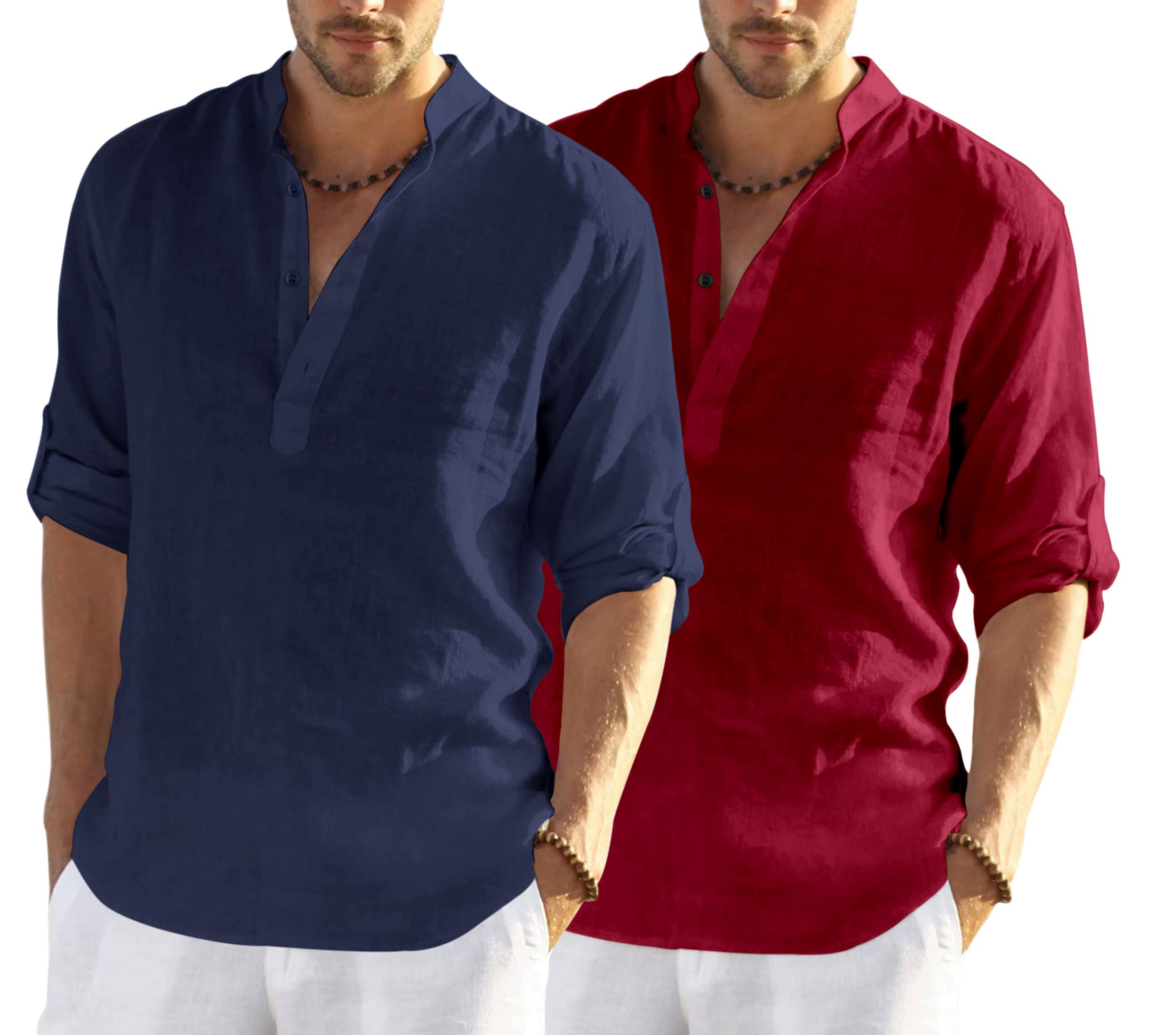 Hemrin Combo Of MenS Cotton Blend Full Sleeve Short Kurta Shirt With Mandarin Collar Pack Of 2