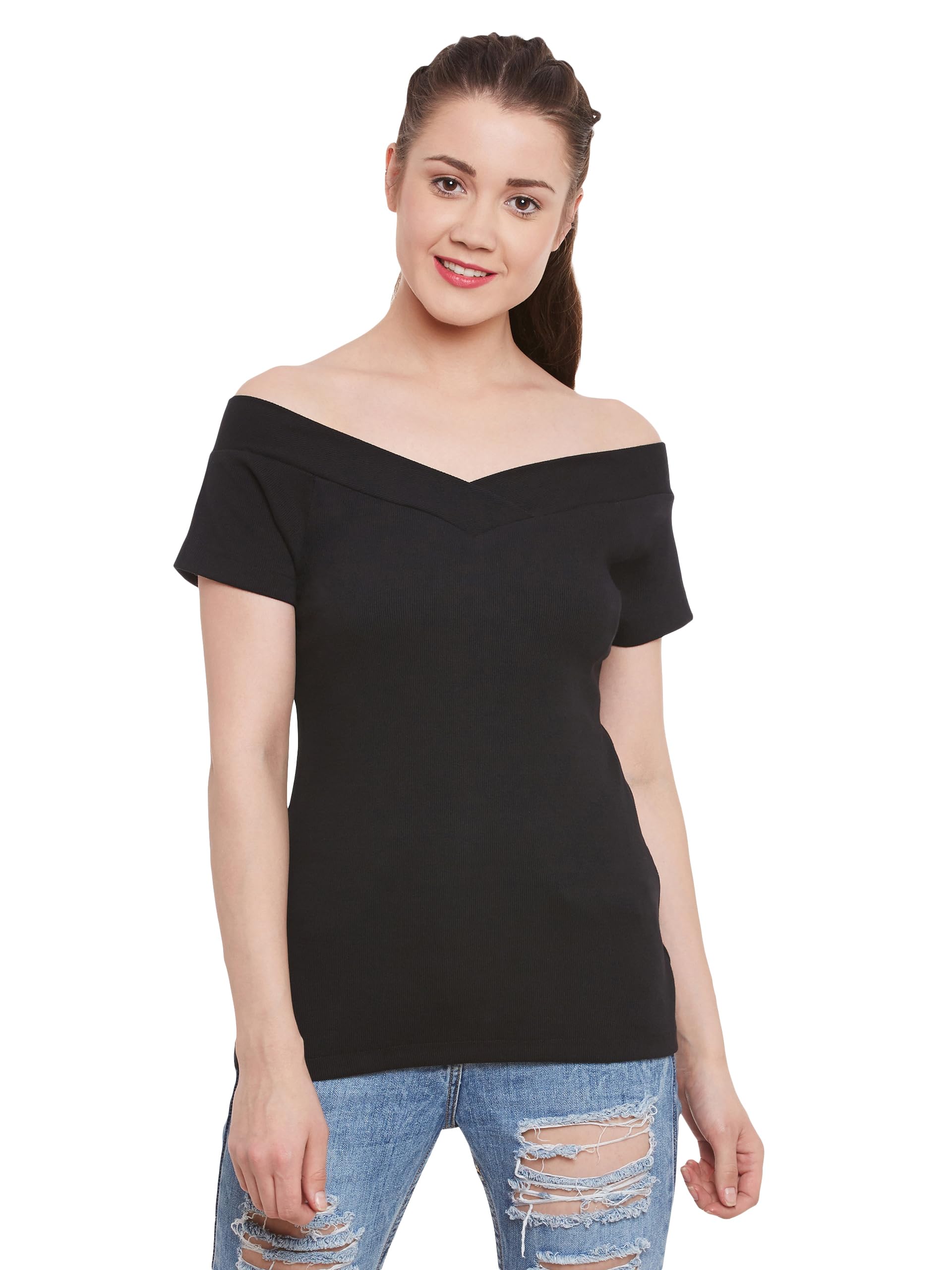 Miss Chase Womens V Neck Short Sleeve Solid Top (MCSS20TP99-01-62-02, Black, XS)