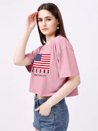 ELLITI Soft Rich Cotton Rose Gold Half Sleeve | Round Neck | Oversized/Loose Fit | Down Solder | US Flage Print Crop Top for Wom
