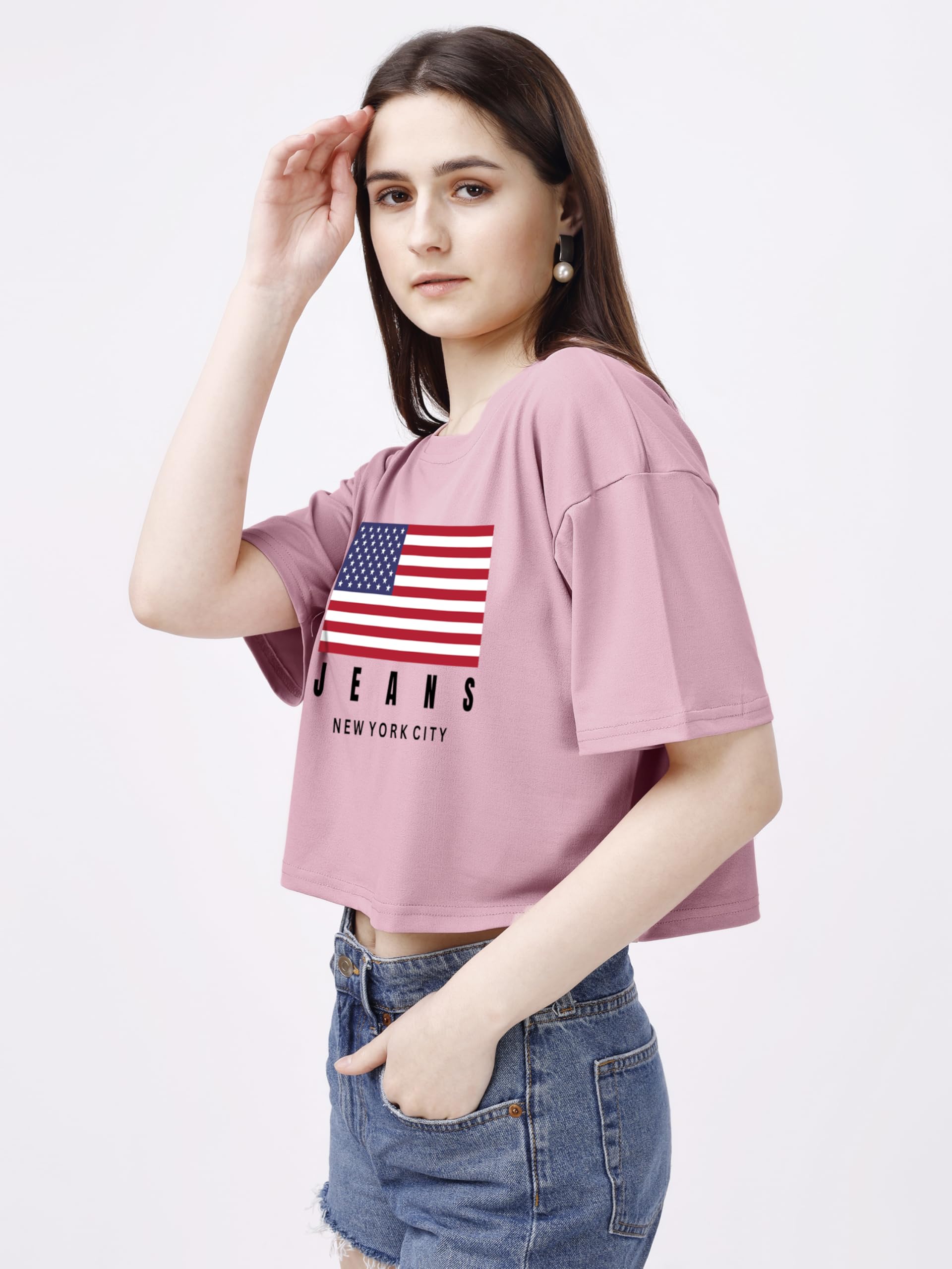 ELLITI Soft Rich Cotton Rose Gold Half Sleeve | Round Neck | Oversized/Loose Fit | Down Solder | US Flage Print Crop Top for Wom