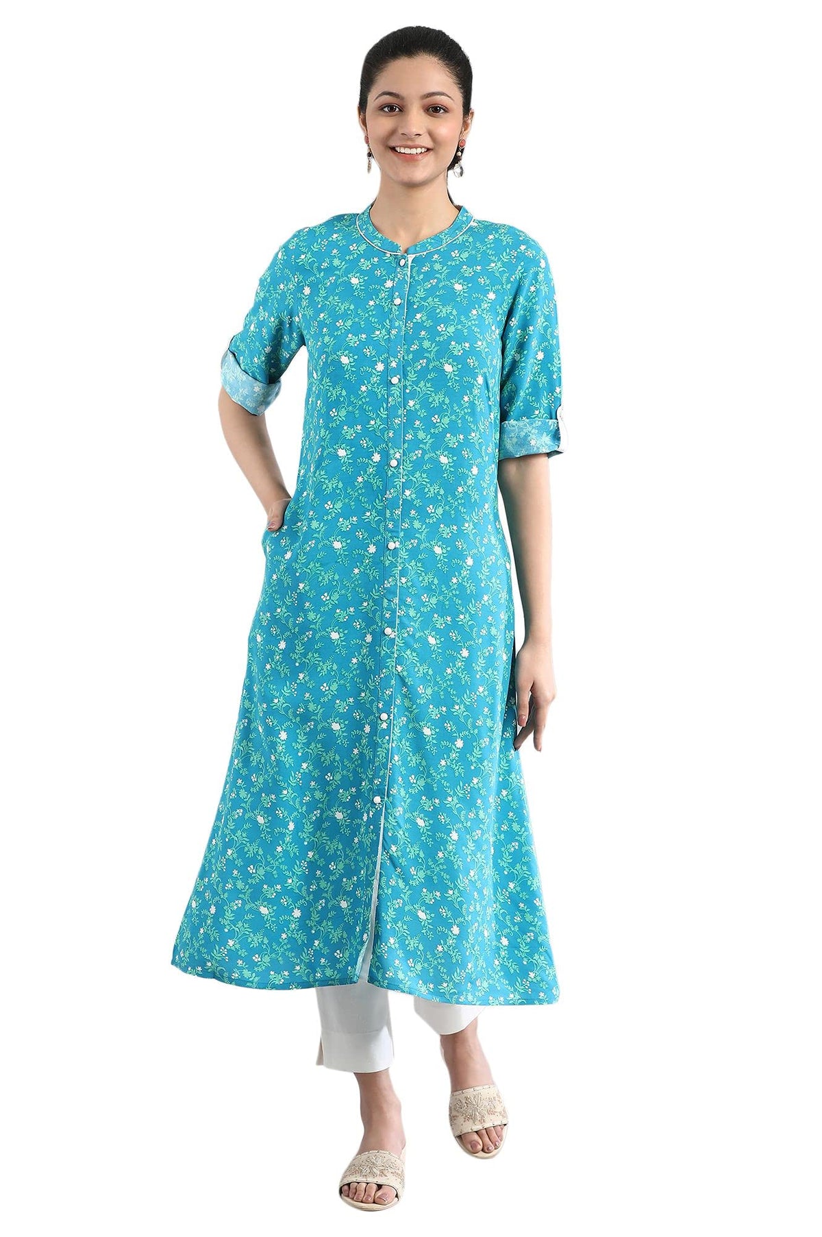 Aurelia Womens Blue Floral Printed Printed Regular Kurta