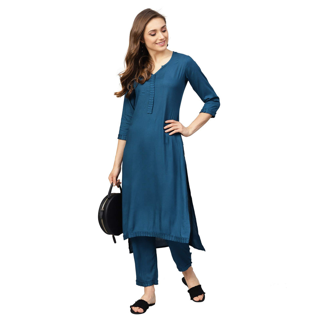 Idalia Rayon Solid Straight Kurta With Pant Set - Women Kurta Set For Wedding, Formal Occasions - 3/4 Sleeve, Calf Length, Round
