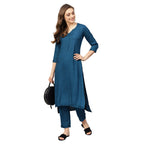 Idalia Rayon Solid Straight Kurta With Pant Set - Women Kurta Set For Wedding, Formal Occasions - 3/4 Sleeve, Calf Length, Round