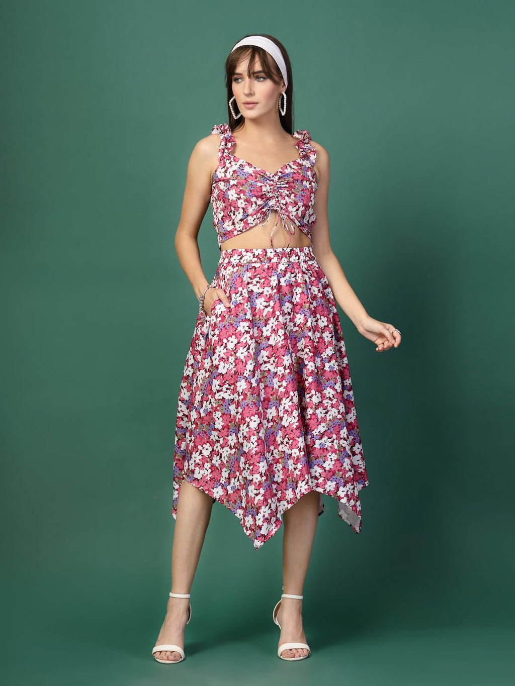 Oomph! Crepe Top And Skirt Set For Women, Pink - Coord_Mt878Msk186