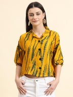 Vairagee Women Cotton Blend Mustard Striped Pattern V-Collar Three Quarter Sleeves Stylish Boxy Shirt (1730_8)