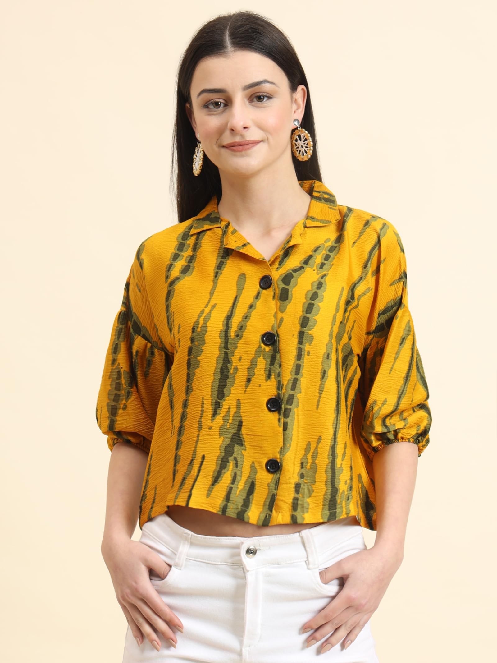 Vairagee Women Cotton Blend Mustard Striped Pattern V-Collar Three Quarter Sleeves Stylish Boxy Shirt (1730_8)