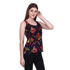 POPWINGS Casual Sleeveless Round Neck Foil/Graphic Print Regular Top for Women, Blue/Multicolor