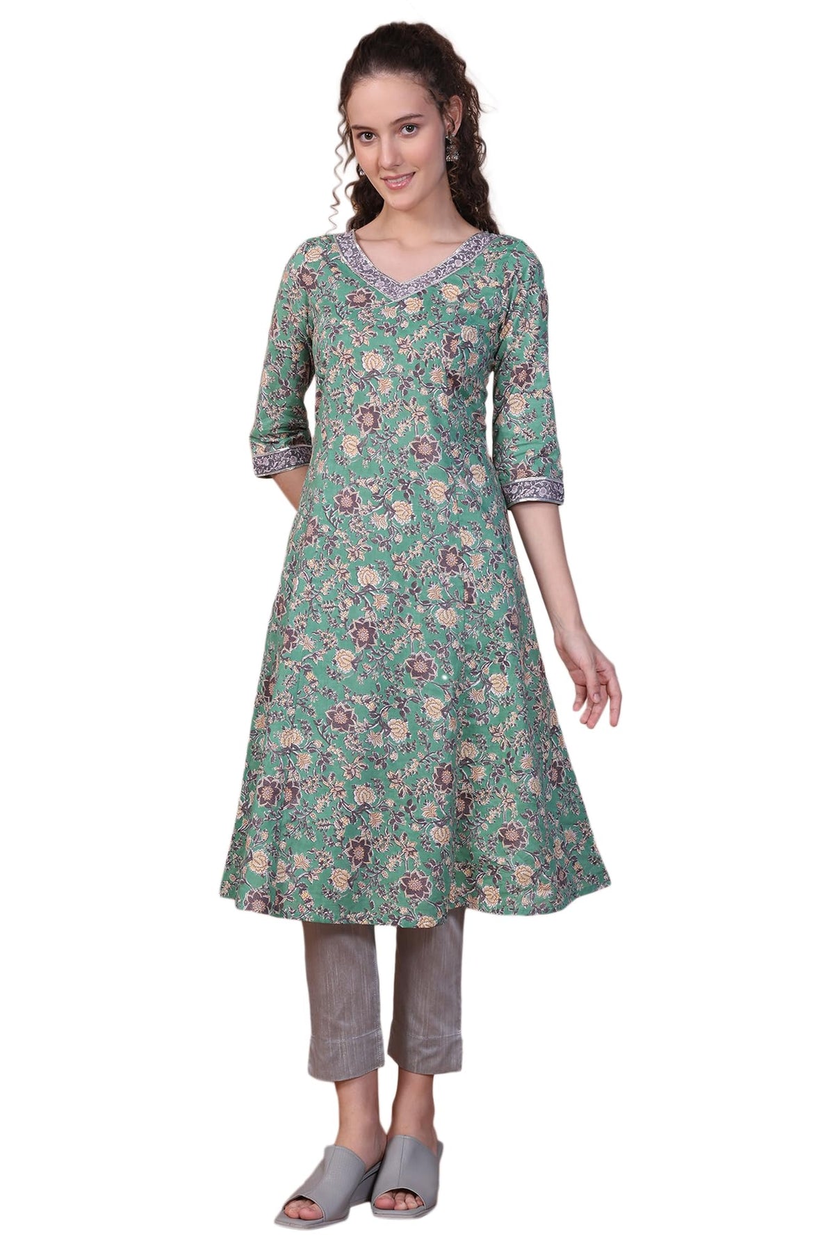 Aurelia Womens Green Floral Printed Pure Cotton A-line Kurta (Size: M)-A16039-508743