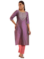 Gerua By Libas Womens Embroidered Silk Straight Kurta for Women Purple