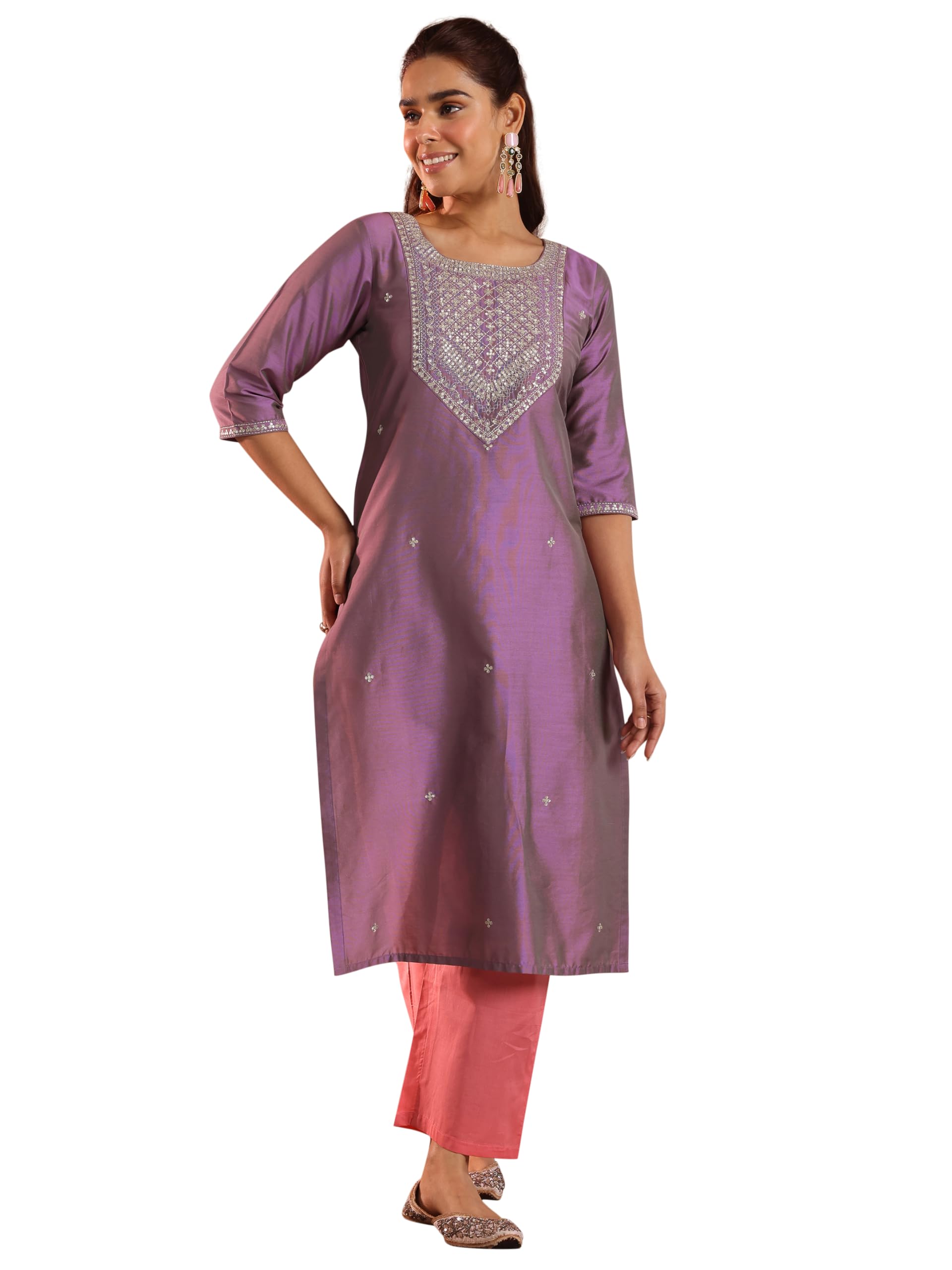 Libas WomenS Silk Ethnic Motifs Straight Kurta (G2727 Purple