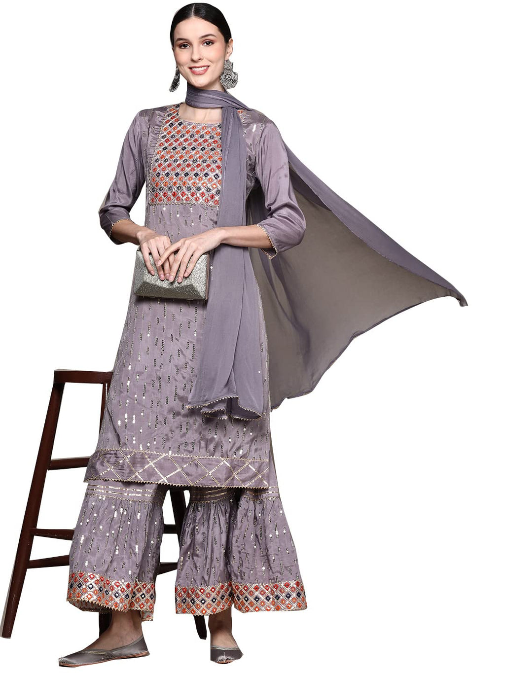 Ishin Womens Mauve Embellished A-Line Kurta Set With Sharara And Dupatta