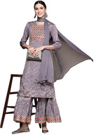 Ishin Womens Mauve Embellished A-Line Kurta Set With Sharara And Dupatta