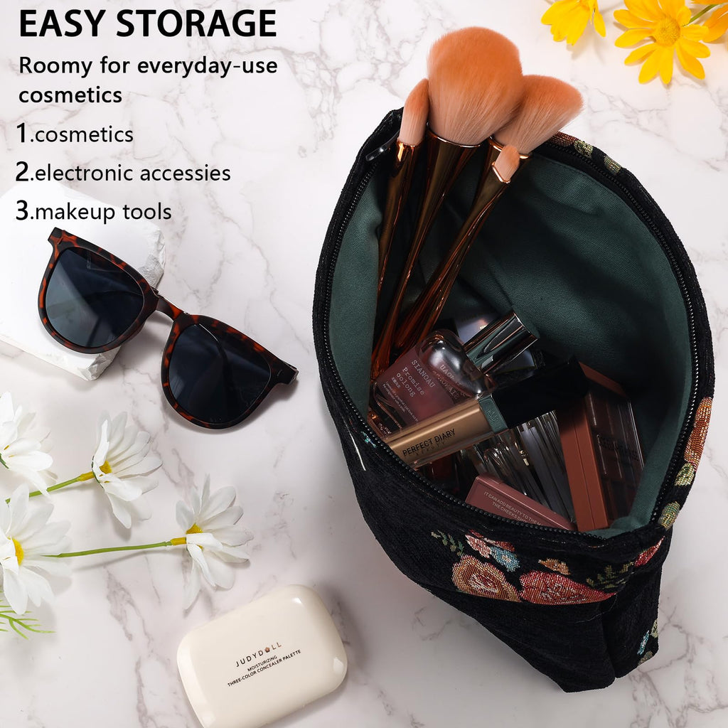 ZLFSRQ Makeup Bag Travel Cute Black Vintage Flower Floral Cosmetic Bags for Women Large Embroidery Toiletry Pouch Zipper Cosmeti