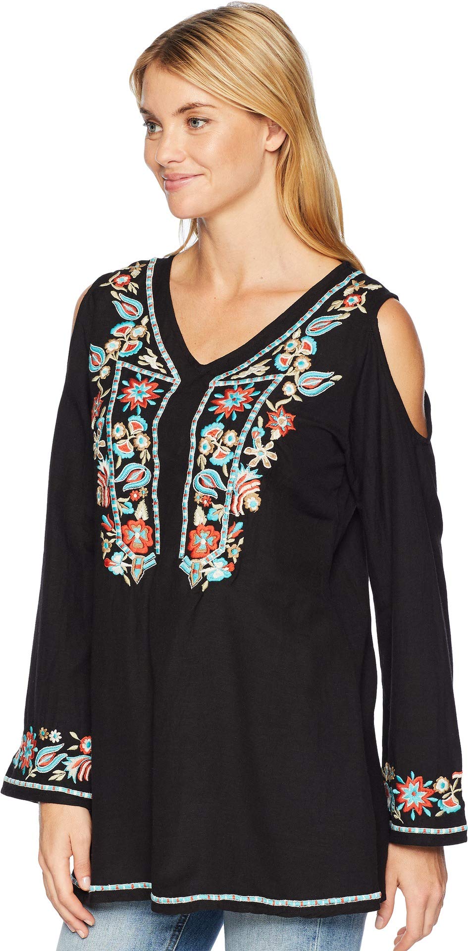 COLD SHOULDER W/FLORAL EMB.GEORGETTE
