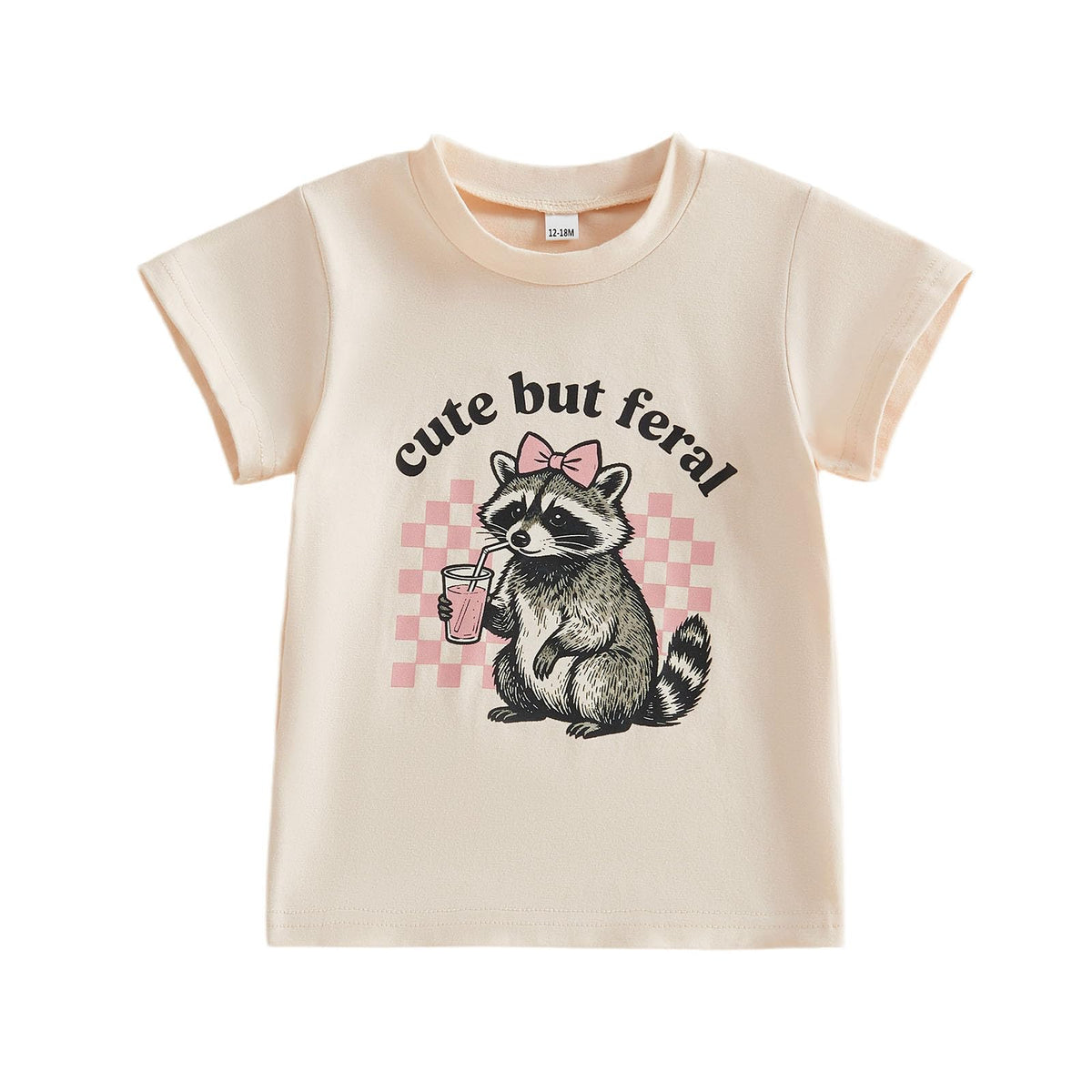 Toddler Baby Girl TShirt Summer Tops Letter Graphic Print Short Sleeve Crew Neck Tee Kids Cute Clothes, Raccoon Apricot, 1824  18-24