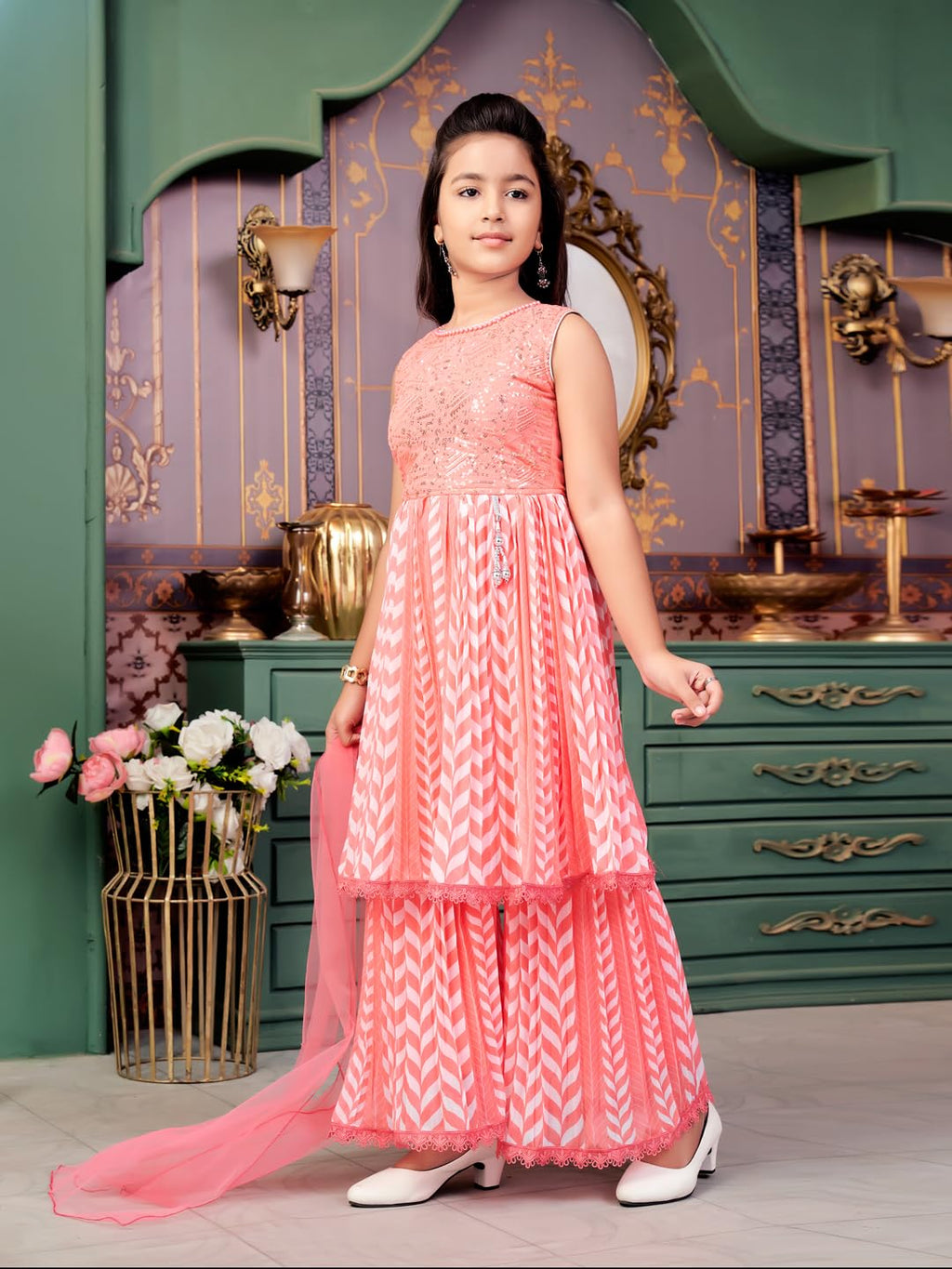 Aarika Girls Ethnic Wear Pink Colour Beads Sequins Embroidery Georgette Kurti Sharara Set (5-16 Years)