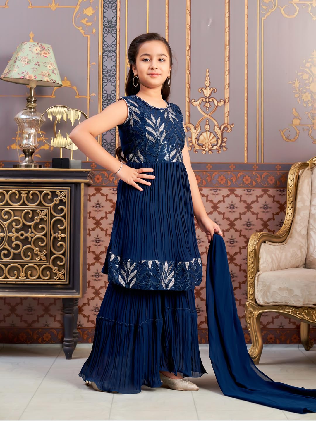 Aarika Girls Ethnic Wear Teal Blue Colour Sequin Thread Embroidery Georgette Kurti Sharara Set (4-15 Years)