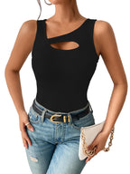 Sugathari Womens Black Cut Out Asymmetrical Neck Rib Knit Jeans Korean Trendy Tank Western Tops for Women Stylish (T-Shirt 182 