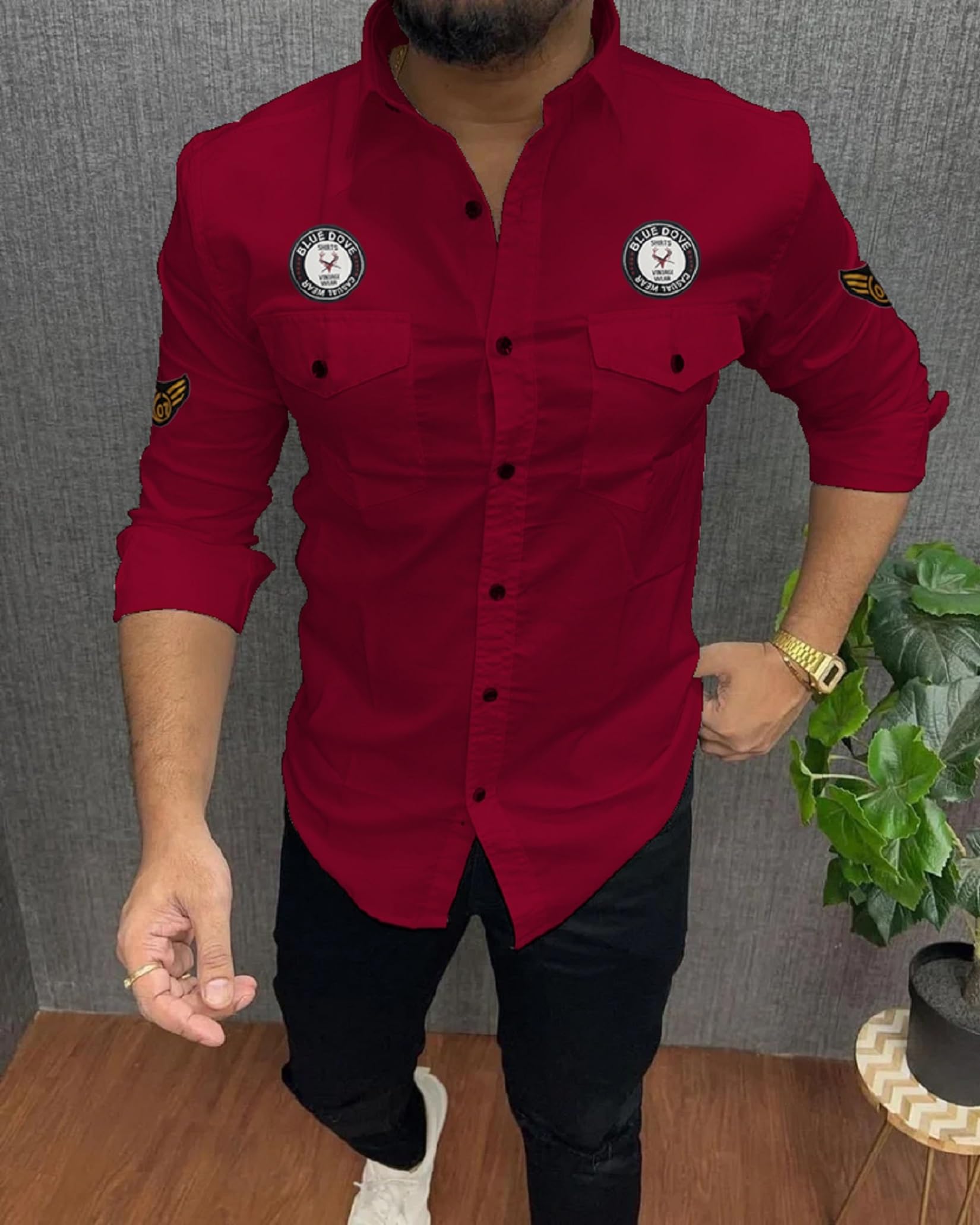 Kadiyu Double Pocket MenS Casual Fit Formal Shirt - Stylish And Comfortable Dress Shirt For Work And Everyday Wear Maroon